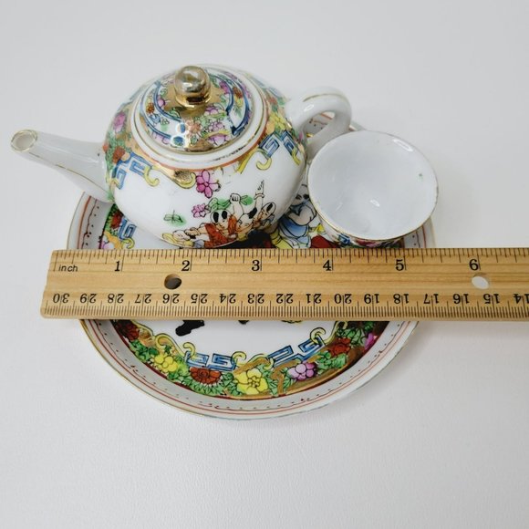 Small Hand Painted Chinese Tea Ceremony Set Gold Trim Male Figures Bright Flower - Picture 9 of 13